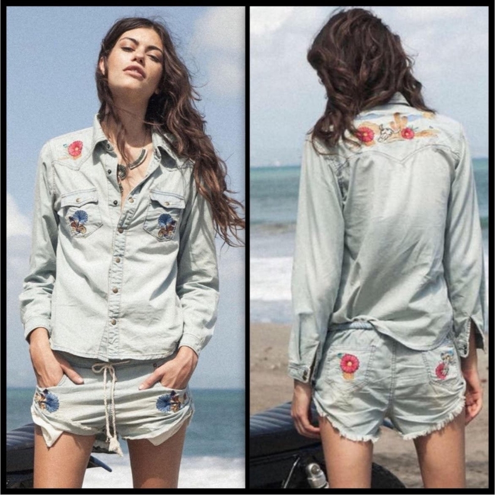 Vintage Spell Route 66 Embroidered Denim Shirt S